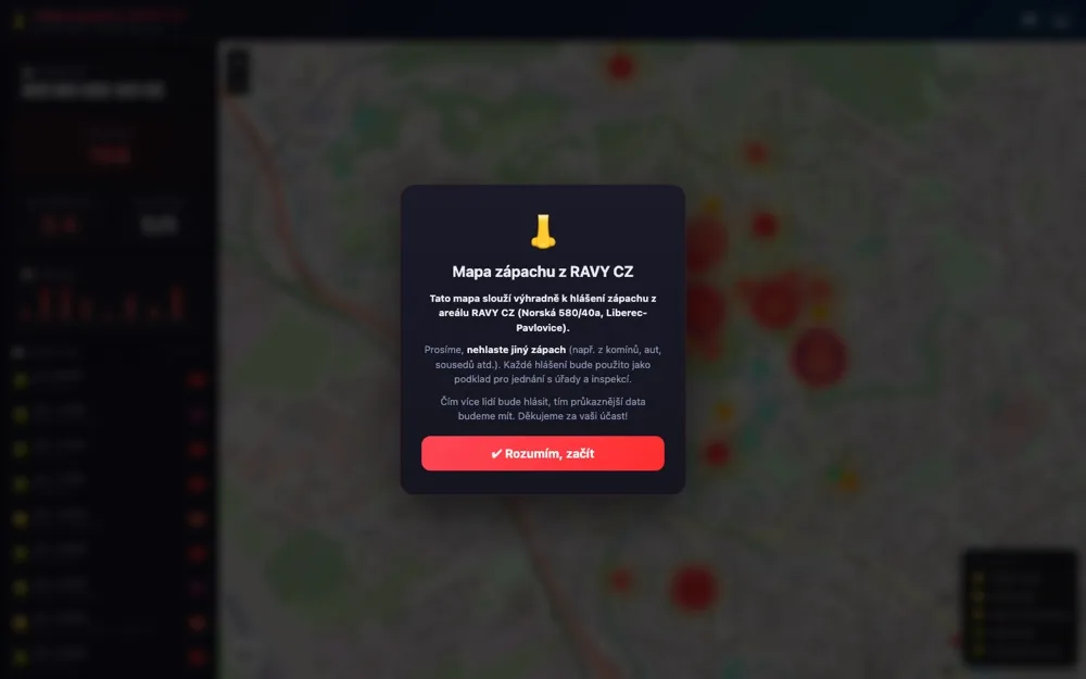 liberec.online — mapa zápachu z Liberce-Pavlovic